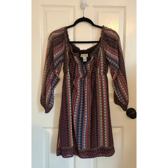Flying Tomato Off Shoulder Tribal Boho Print Mini Dress Multicolor - Size Small - Picture 1 of 8